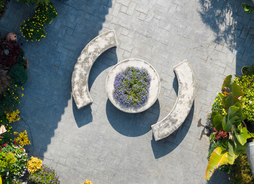 Aerial View of Garden courtyard with Purple Flower Planter