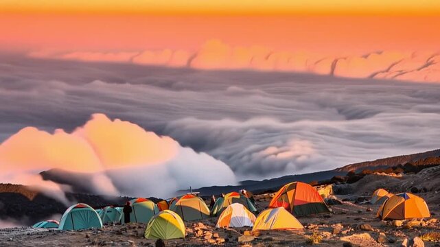 Mount Kilimanjaro. Kilimanjaro National Park in Tanzania, Africa. Trekking and climbing to the summit. Time lapse, sunset video. Tent view. 