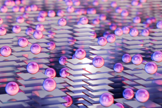 Abstract 3D Render of Blue Glass Platter Towers and Floating Spheres