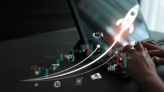 Business Growth Concept with Digital Charts, Hands Typing, and Rocket Launch Symbolizing Success and Innovation in Technology and Finance Sigmoid