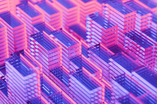 Abstract 3D Rendering of Glowing Neon Geometric Towers