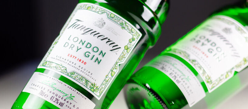 LONDON, UK - 28 MARCH 2024 Tanqueray London Dry Gin, a four-times distilled gin, made from a combination of refreshing juniper, peppery coriander, aromatic artemisia and sweet liquorice