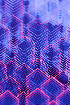Abstract 3D Rendering of Glowing Neon Geometric Towers