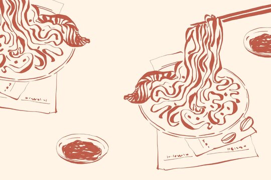 Asian noodles dinner for two, minimal sketch