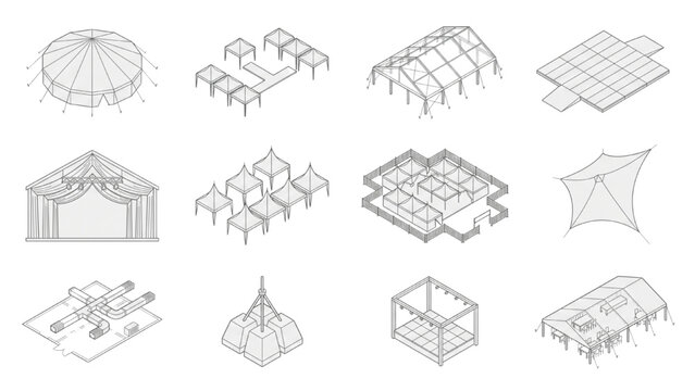 Tents and Marquees Collection: A compilation of various tent and marquee designs, from traditional circus tents to modern tensile structures. CAD Blocks Icon Sheet Vector
