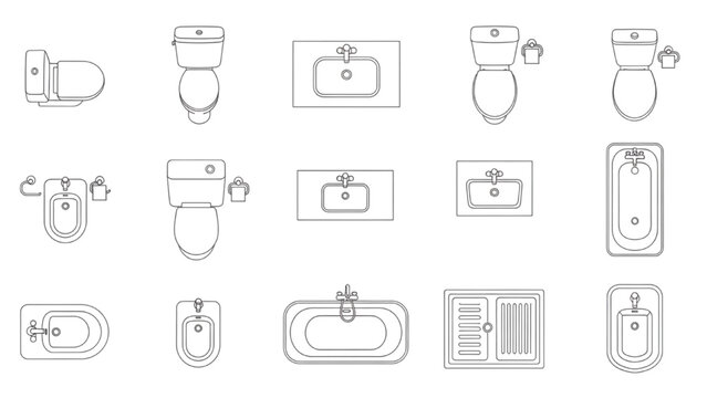 Bathroom Fixtures Collection: A collection of line drawings depicting various bathroom fixtures from an aerial perspective, including toilets, sinks, bidets, and bathtubs. CAD Blocks Icon Sheet Vector