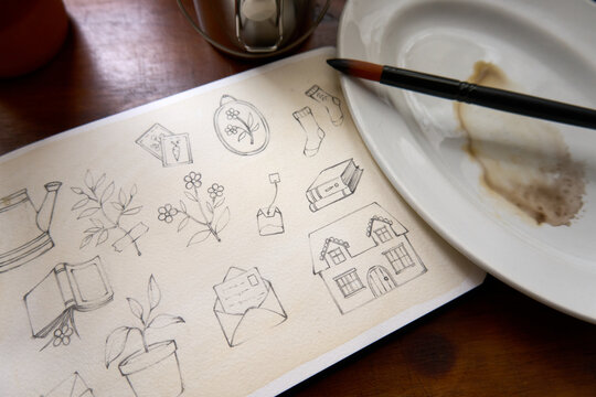 An illustration and a plate stained with paint