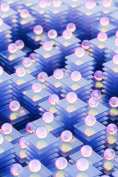 Abstract 3D Render of Blue Glass Platter Towers and Floating Spheres