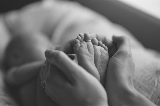 Mother Holding Her Newborn Baby Girl's Little Feet In Her Hands.