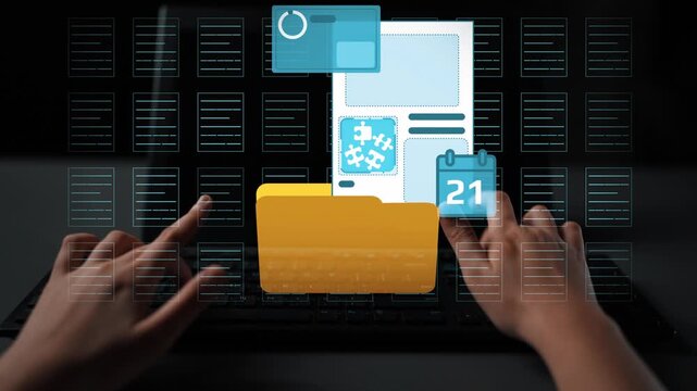 Digital workspace concept showcasing hands typing on keyboard with virtual folder, calendar and graphic elements for project management and organization. Entropy.