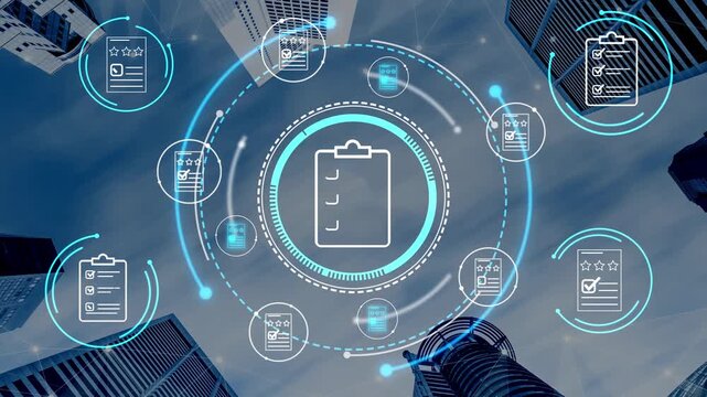Futuristic cityscape with digital checklist overlay, representing efficiency, organization, and modern technology in urban development and management concepts. Entropy.