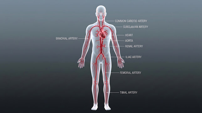 Human circulatory system with labeled arteries and heart in red body anatomy