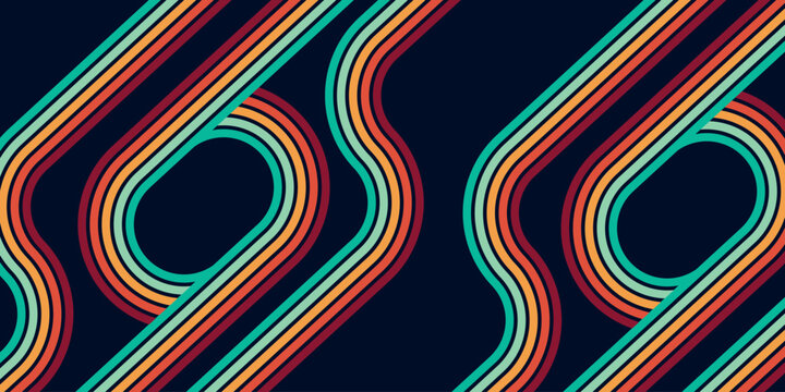 Dark purple background with trendy wavy rainbow lines design. Creative vector template with unique Retro Hippie style.