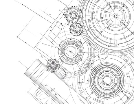 A detailed mechanical drawing of interconnected gears and circular components