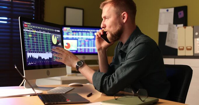Financial trading specialist talking on smartphone in office at night, camera moving in
