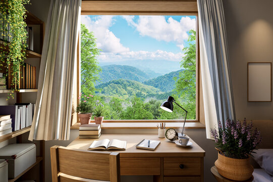 Reading table with nature view background 3d render
