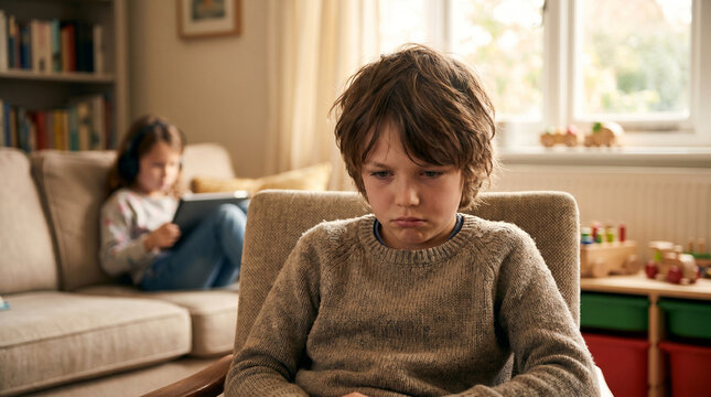 Upset boy sitting alone while sister uses tablet