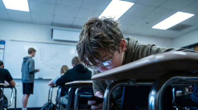 Student secretly using smartphone during high school class