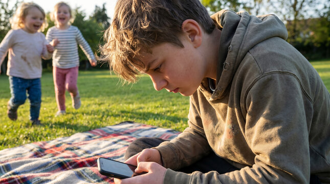 Focused boy on phone ignoring kids playing outdoors