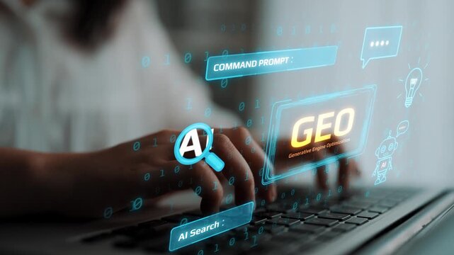 Woman Typing on Laptop with Futuristic Interface Showing AI Command Prompt and Geo Components for Digital Solutions and Innovations. Entropy.