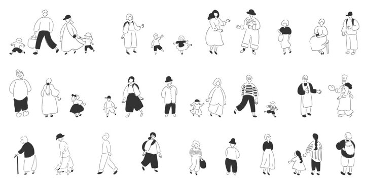 Family and Community People Set | 34 Diverse Vector Characters_black and white