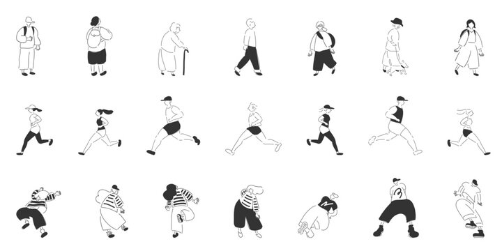 Active Lifestyle People Set | 21 Walking Running Hiking and Dancing Characters_black and white