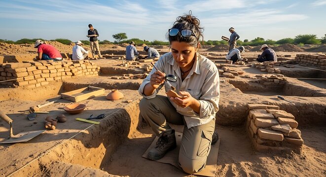 Archaeologists meticulously excavate ancient ruins, uncovering pottery and artifacts at a historical dig site under a clear sky.