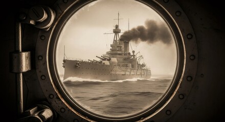 Obraz premium Battleship sailing on the ocean as seen from inside a submarine porthole. Naval warfare and marine travel concept for historic documentation.