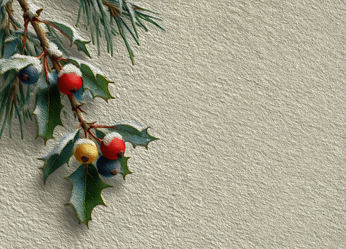 Snowy holly branch with colorful berries on a textured background with copy space