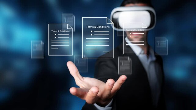 Businessman wearing virtual reality headset interacting with digital documents representing terms and conditions in a futuristic technology backdrop Gluon.