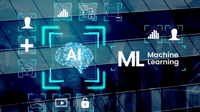 AI and Machine Learning Icons on Modern Glass Building Background with Digital Elements Representing Technology and Innovation in Business Today Gluon.