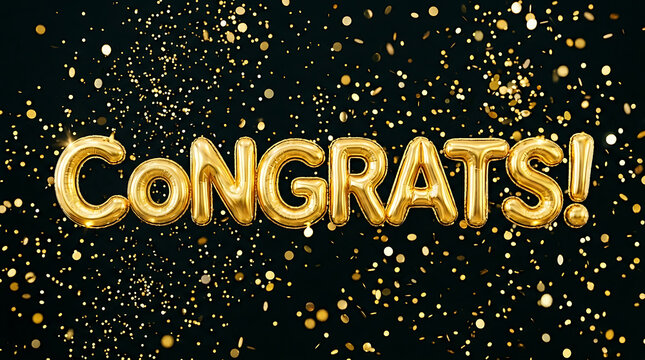 Gold foil balloons spelling c o n g r a t s with sparkling confetti on black congrats celebration