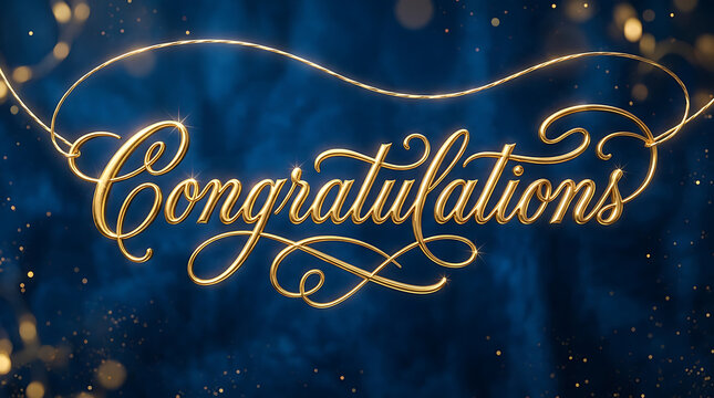 Golden script congratulations text on dark blue bokeh background lettering