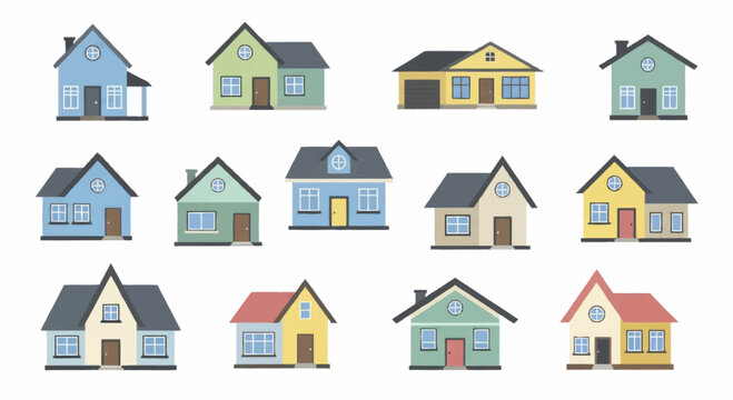 Collection of various colorful residential houses and homes in a flat design style.