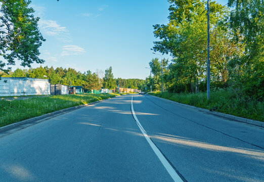 Empty suburban road flanked by trees and low buildings on a sunny day