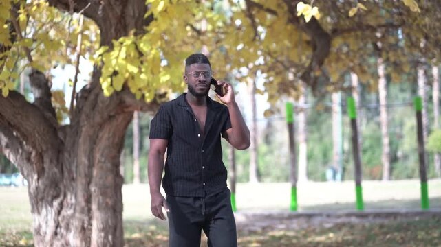 Man Having Phone Conversation While Walking in Park