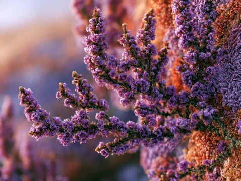 Vibrant Purple and Orange Heather Close-up, Natural Botanical Beauty Macro