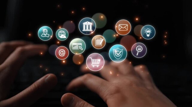 Set of business and digital service icons representing finance, cloud, analytics, email, communication, ecommerce, cybersecurity, and global connectivity in a modern ecosystem Marrow