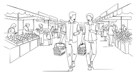 Obraz premium Couple at Farmers Market, Shopping for Fresh Produce, Outdoor Stalls, Line Art Illustration