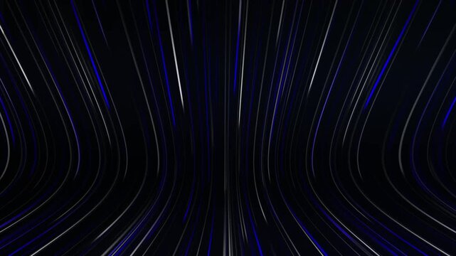 Abstract black background with pink and blue neon glowing lines that extend into the distance, moving through a tunnel to the right. 3d render motion speed of light and hypertunnel. Moving away.