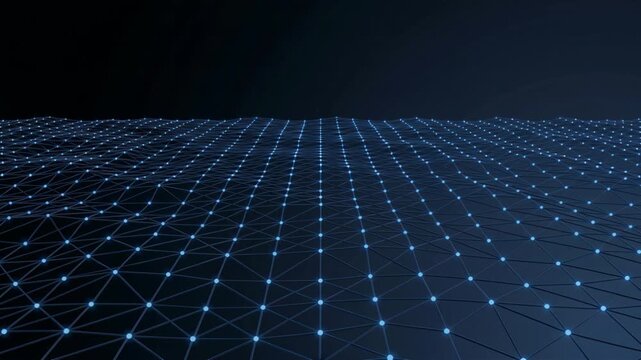 Digital Network Grid with Glowing Blue Nodes on Dark Background