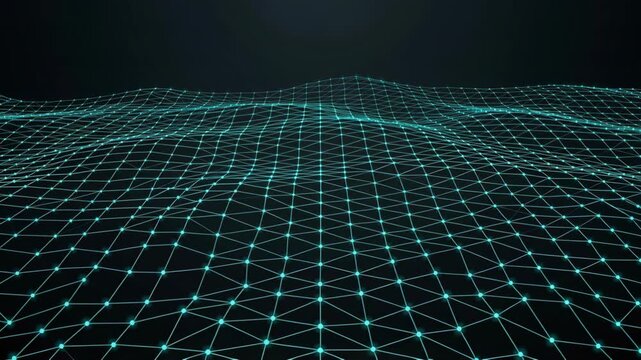 Digital Wireframe Landscape with Glowing Network Grid
