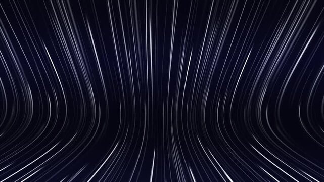 Abstract black background with pink and blue neon glowing lines that extend into the distance, moving through a tunnel to the right. 3d render motion speed of light and hypertunnel. Moving away.