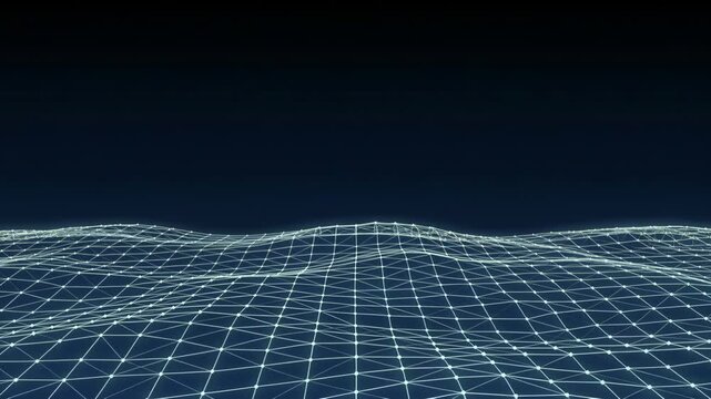 Digital Wireframe Landscape with Glowing Network Grid