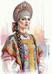 Fototapeta premium Woman in traditional Russian folk costume with kokoshnik headdress. Portrait of girl wearing ethnic dress with floral pattern. Slavic cultural heritage, history and national fashion.