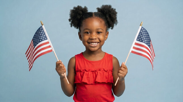 Smiling Black child girl holding two small American flags, one in each hand, on soft blue background, patriotic 4th of July portrait celebrating Independence Day and freedom