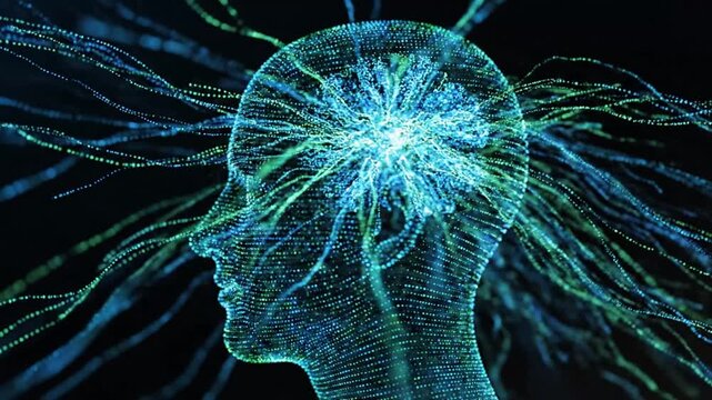 Digital profile of human head with glowing brain activity