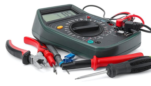 A digital multimeter with various tools, including pliers and screwdrivers