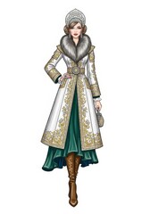 Obraz premium Woman in traditional Russian national dress with kokoshnik headdress. Fashion sketch of young girl wearing winter coat with fur collar. Folklore clothing style, Slavic heritage winter art.