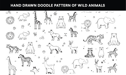 Wild Animal Hand Drawn Doodle Seamless Pattern - Black White Sketch Vector © Graphix Hub